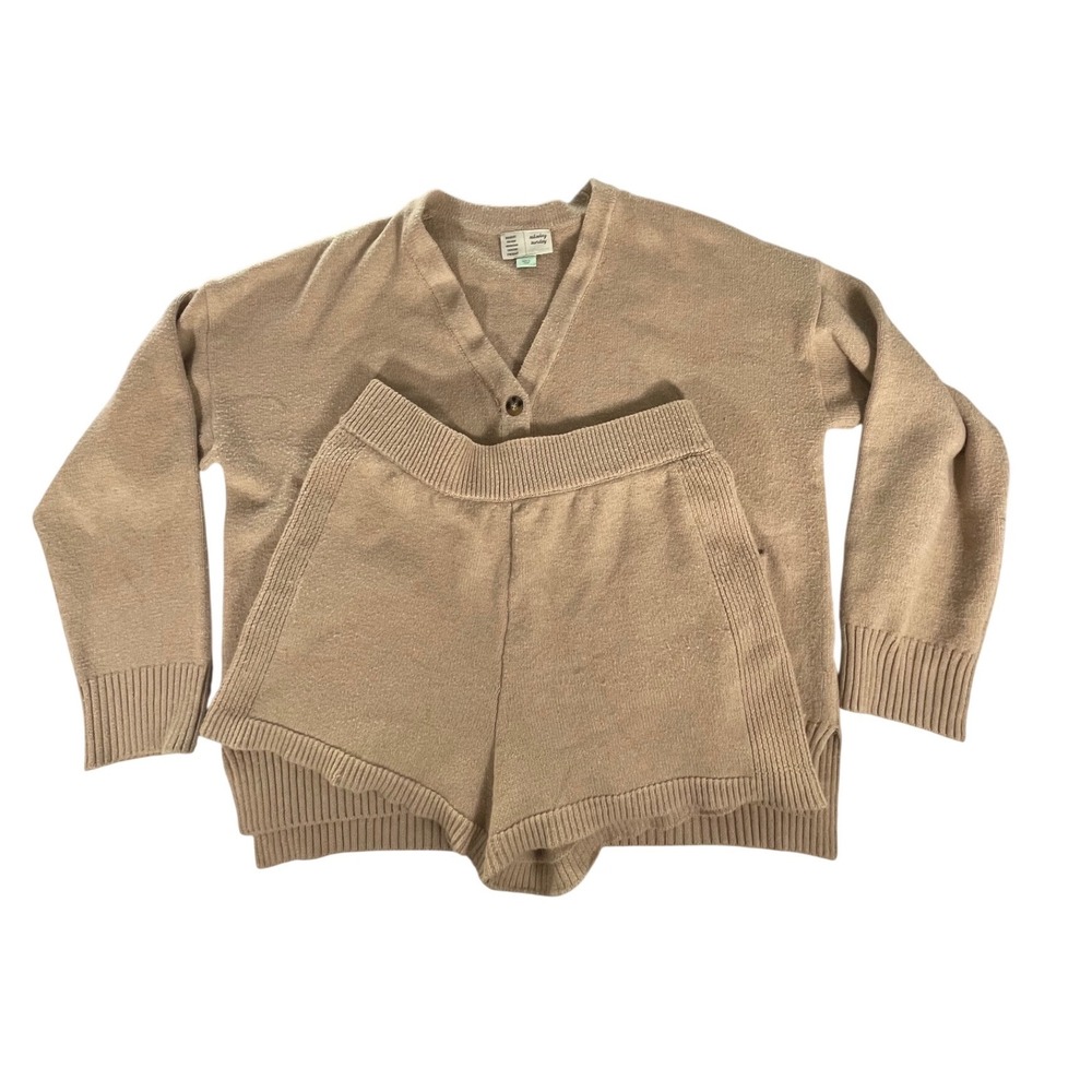 Saturday Sunday Anthropologie Knit Cardigan and Shorts Lounge Set Tan Women L